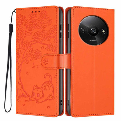 Orange cat-embossed flip vegan leather phone case with wrist strap, front and back