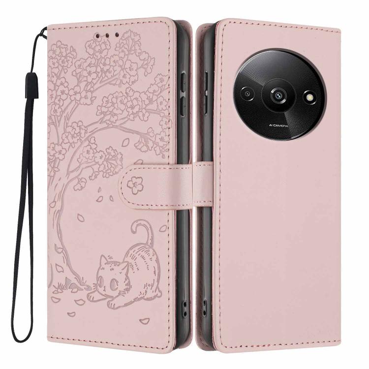 Pink cat-embossed flip vegan leather phone case with wrist strap, front and back