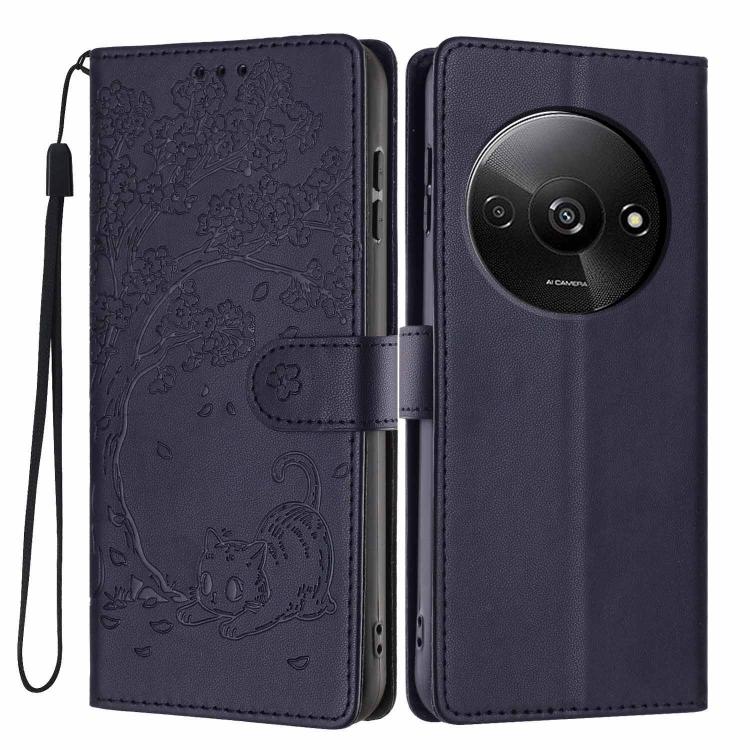 Dark blue cat-embossed flip vegan leather phone case with wrist strap, front and back