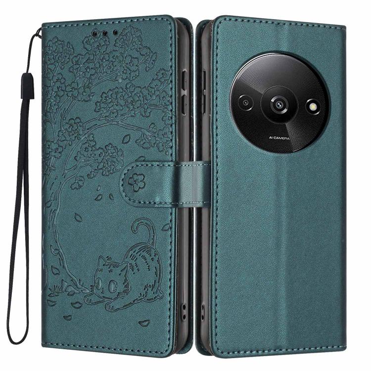 Teal cat-embossed flip vegan leather phone case with wrist strap, front and back