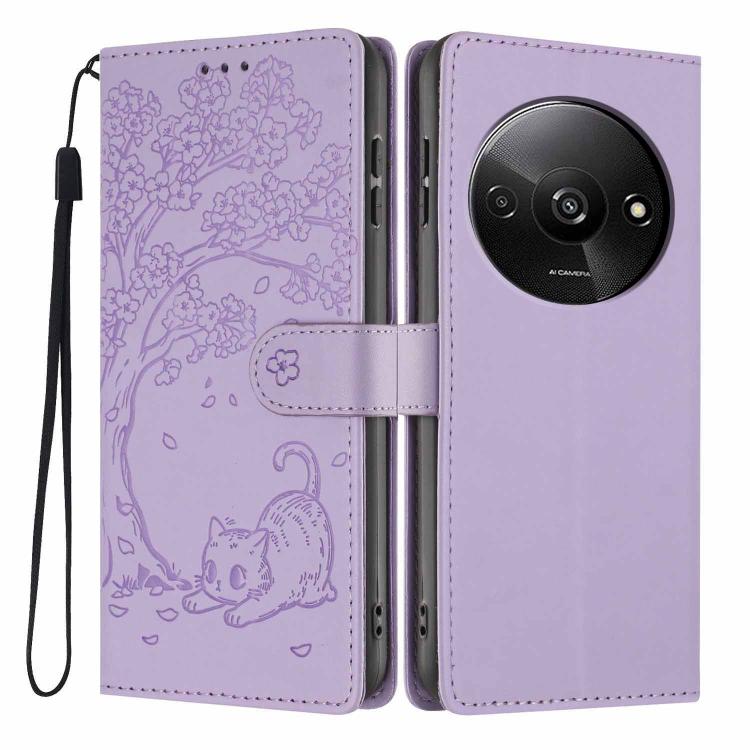 Tree cat embossed flip vegan leather phone case with wrist strap, lilac/purple