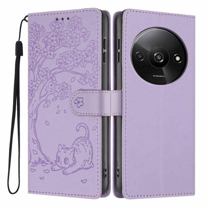 Tree cat embossed flip vegan leather phone case with wrist strap, lilac/purple