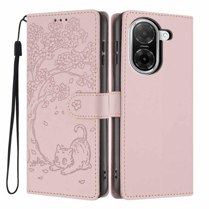 Rose pink flip phone case with embossed cat scene, card slot, and wrist strap