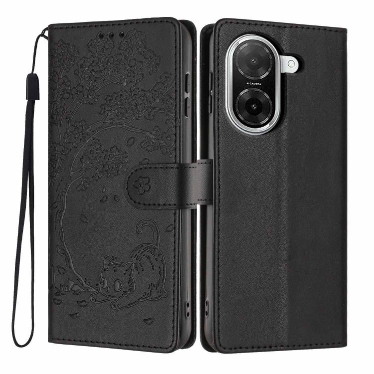 Black flip phone case with embossed cat scene, card slot, and wrist strap