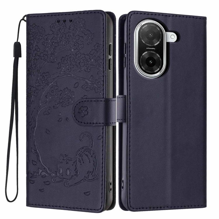 Navy blue flip phone case with embossed cat scene, card slot, and wrist strap