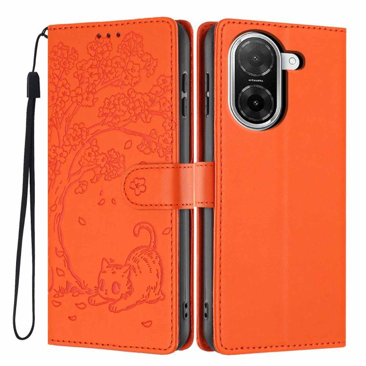 Orange flip phone case with embossed cat and tree scene, wrist strap, front card holder.