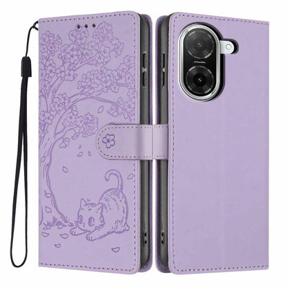 Lavender flip phone case with embossed cat and tree scene, wrist strap, front card holder panel.