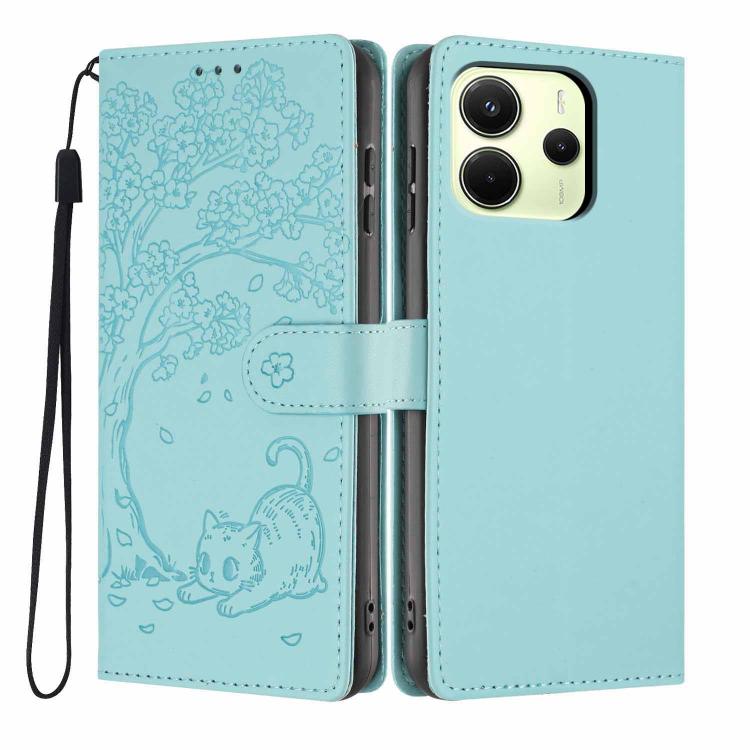 Light aqua embossed cat flip phone case with wrist strap and dual camera cutouts
