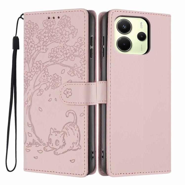 Rose pink embossed cat flip phone case with wrist strap and dual camera cutouts