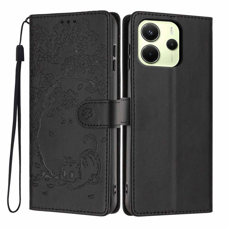 Black embossed cat flip phone case with wrist strap and dual camera cutouts