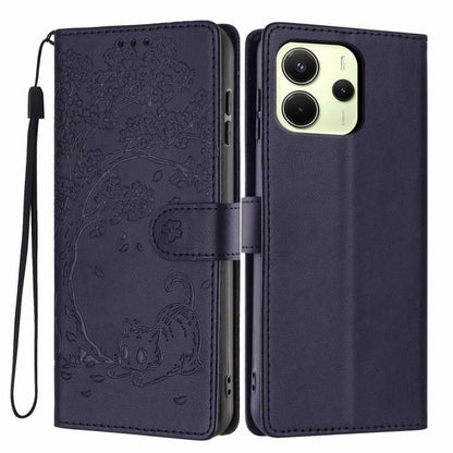 Navy purple embossed cat flip phone case with wrist strap and dual camera cutouts