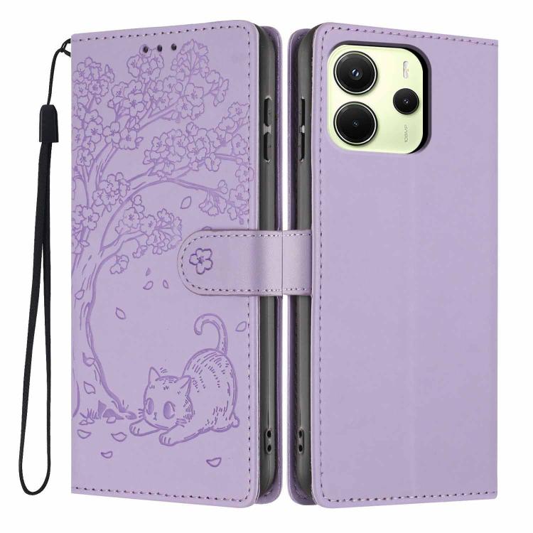 Purple flip phone case with cat embossed design, vegan leather, wrist strap, card holder flap
