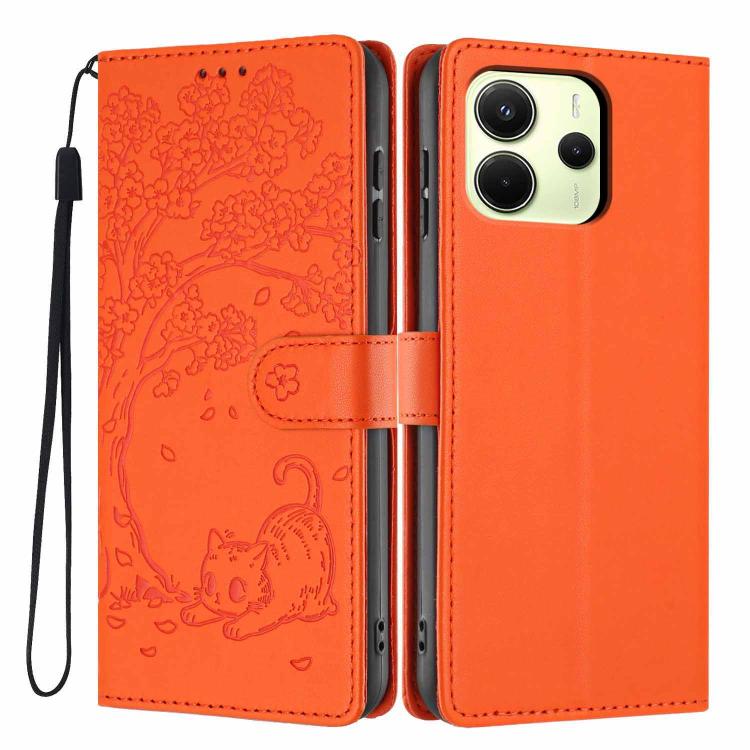 Orange embossed cat folio phone case with wrist strap, magnetic-like flap