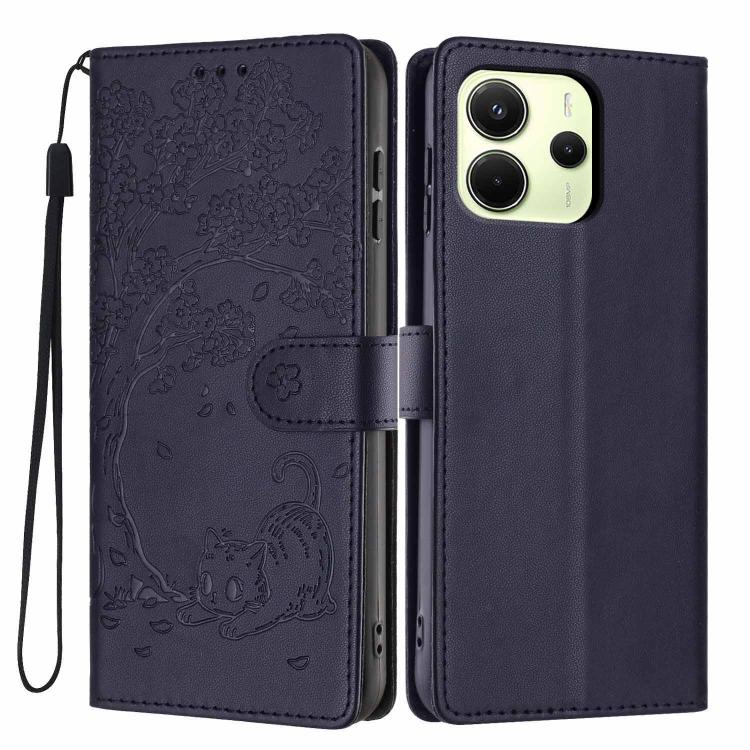 Dark blue embossed cat flip phone case with wrist strap and belt-style closure