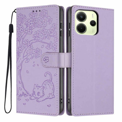 Purple embossed cat flip phone case with wrist strap and belt-style closure