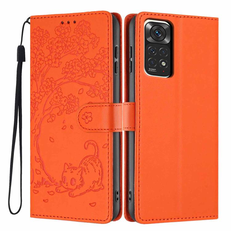 Orange embossed cat tree flip vegan leather phone case with wrist strap