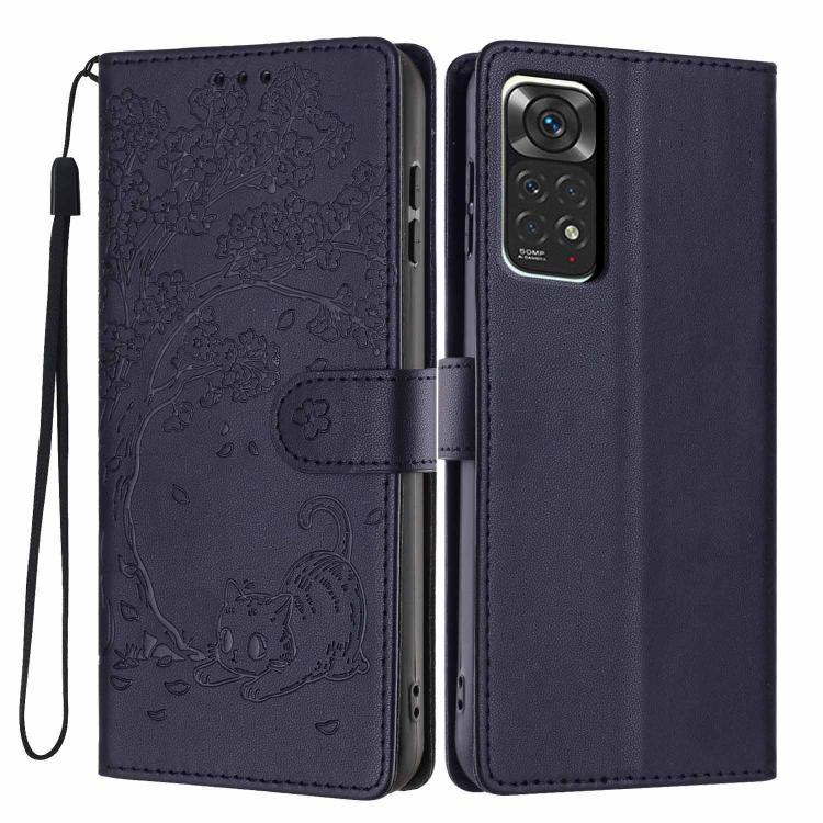 Navy blue embossed cat tree flip vegan leather phone case with wrist strap