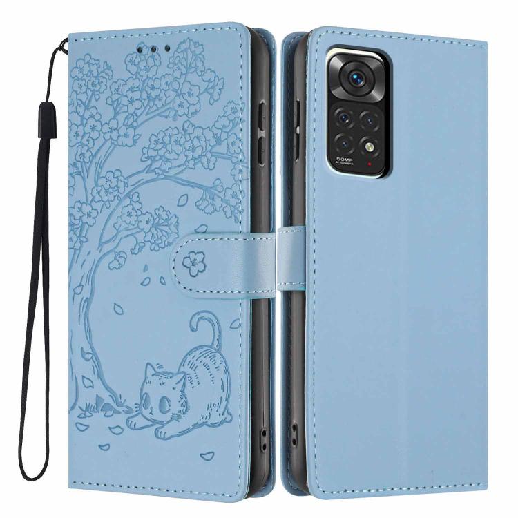 Light blue embossed cat tree flip vegan leather phone case with wrist strap
