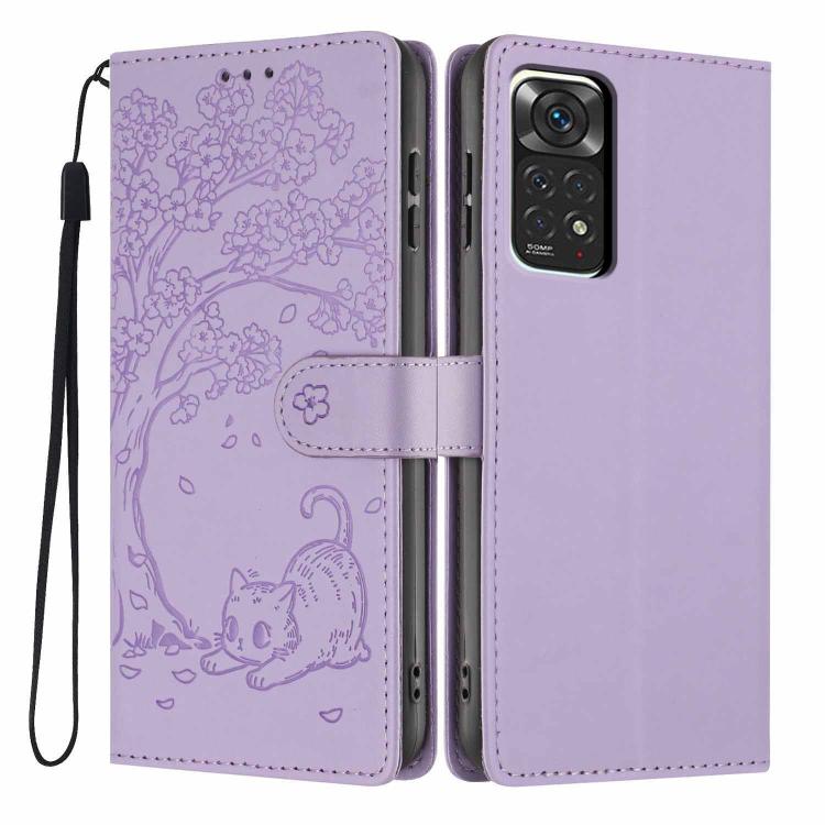 Lavender embossed cat tree flip vegan leather phone case with wrist strap