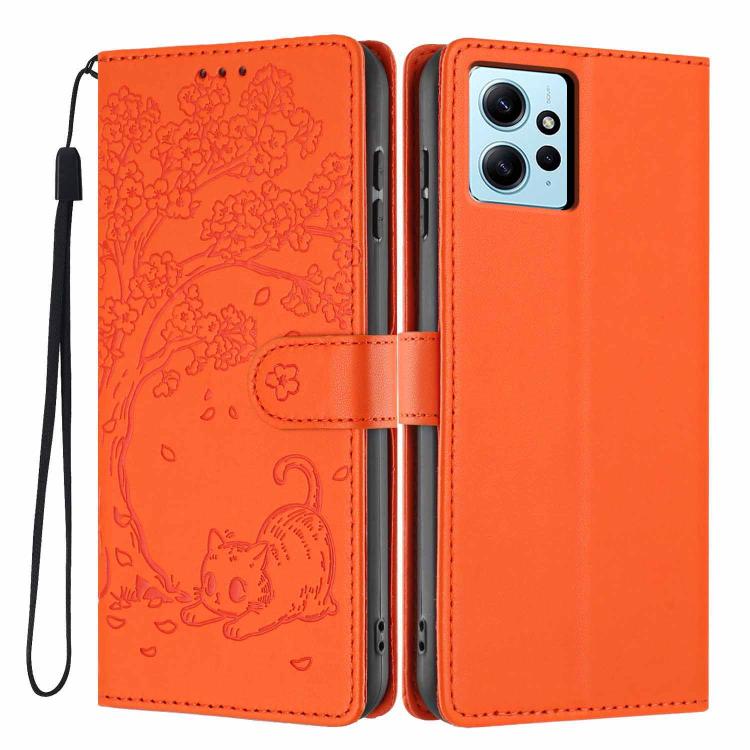 Orange tree cat embossed flip vegan leather phone case, wrist strap, magnetic band