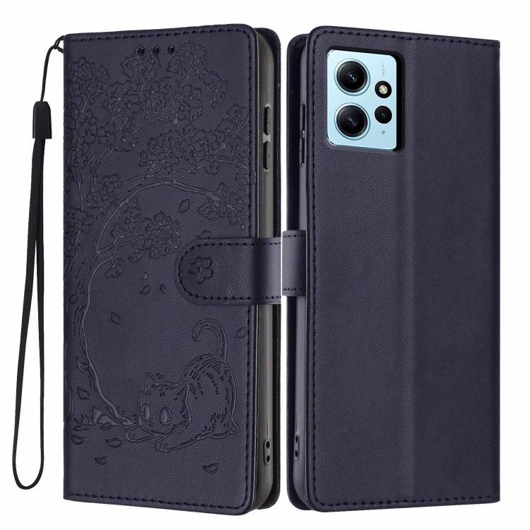 Tree cat embossed flip phone case in dark purple, with wrist strap and camera cutout