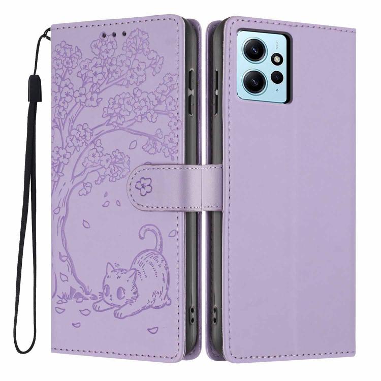 Tree cat embossed flip phone case in lavender, with wrist strap and camera cutout