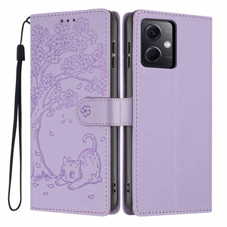 Tree-cat embossed vegan leather flip phone case with wrist strap, lilac purple.