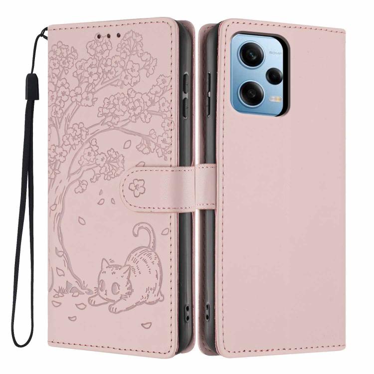 Tree cat embossed flip phone case in rose pink, with wrist strap and camera cutout