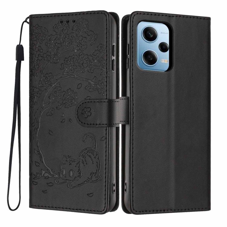 Black embossed flip phone case with cat design and wrist strap