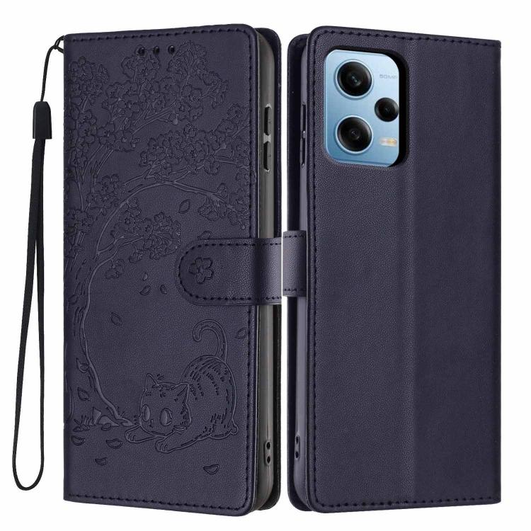 Dark purple embossed flip phone case with cat design and wrist strap