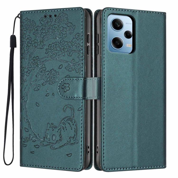 Light green embossed flip phone case with cat pattern and wrist strap