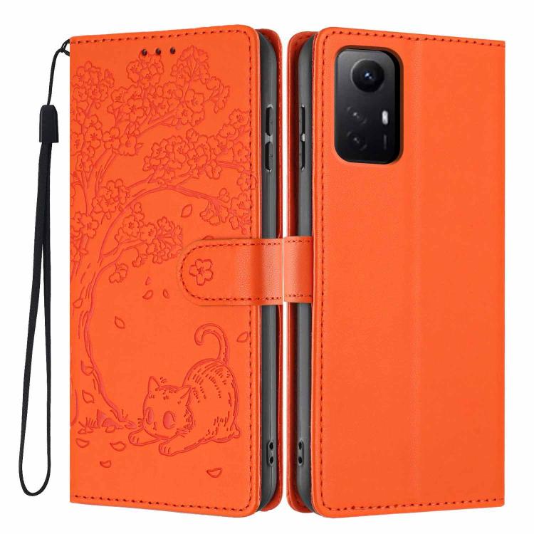 Orange tree cat embossed flip vegan leather phone case, wrist strap, magnetic band