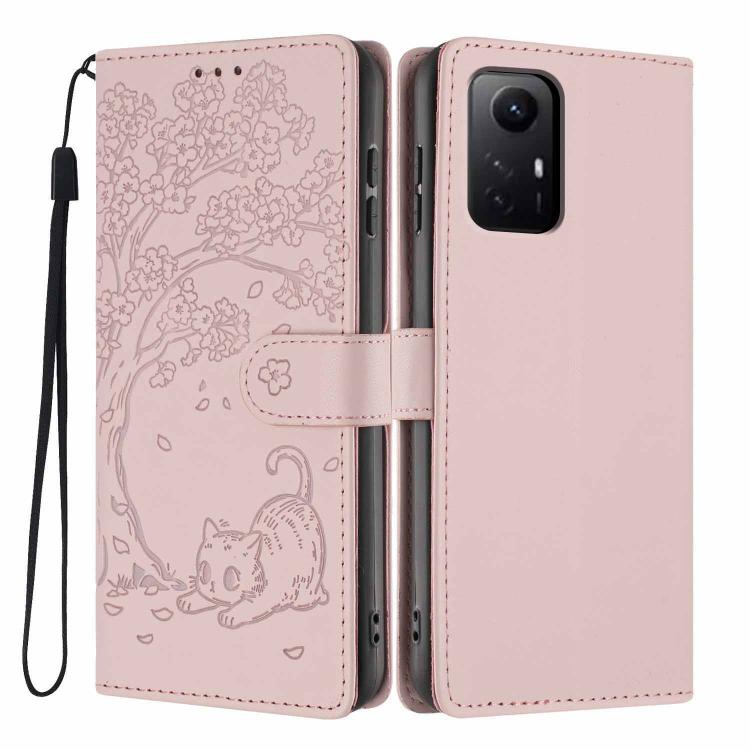 Rose pink tree cat embossed flip vegan leather phone case, wrist strap, magnetic band