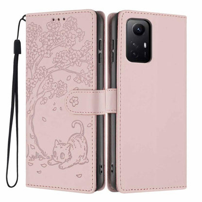 Rose pink tree cat embossed flip vegan leather phone case, wrist strap, magnetic band