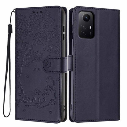 Dark blue tree cat embossed flip vegan leather phone case, wrist strap, magnetic band