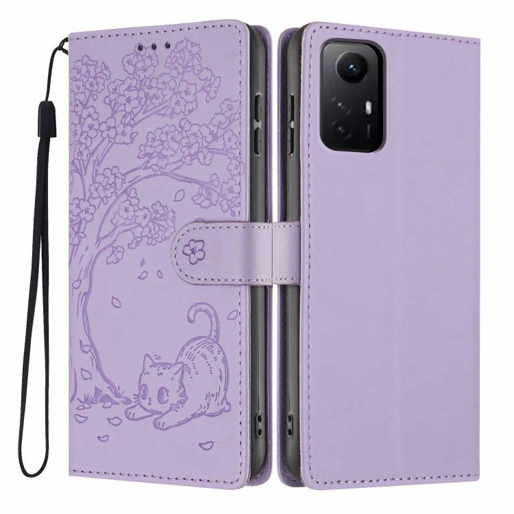 Purple tree cat embossed flip vegan leather phone case, wrist strap, magnetic band