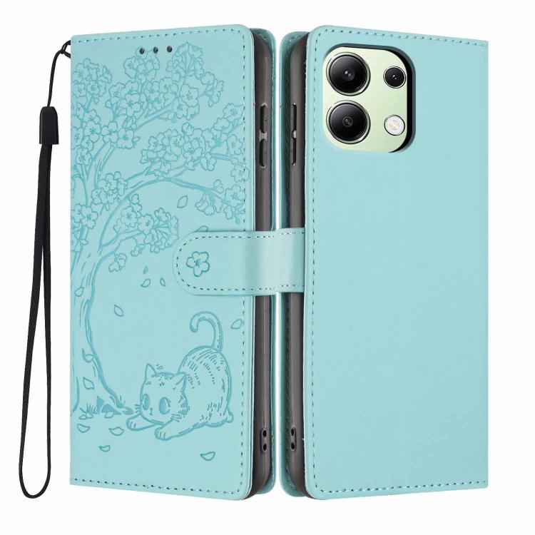 Light blue flip vegan leather phone case with embossed tree cat and wrist strap.