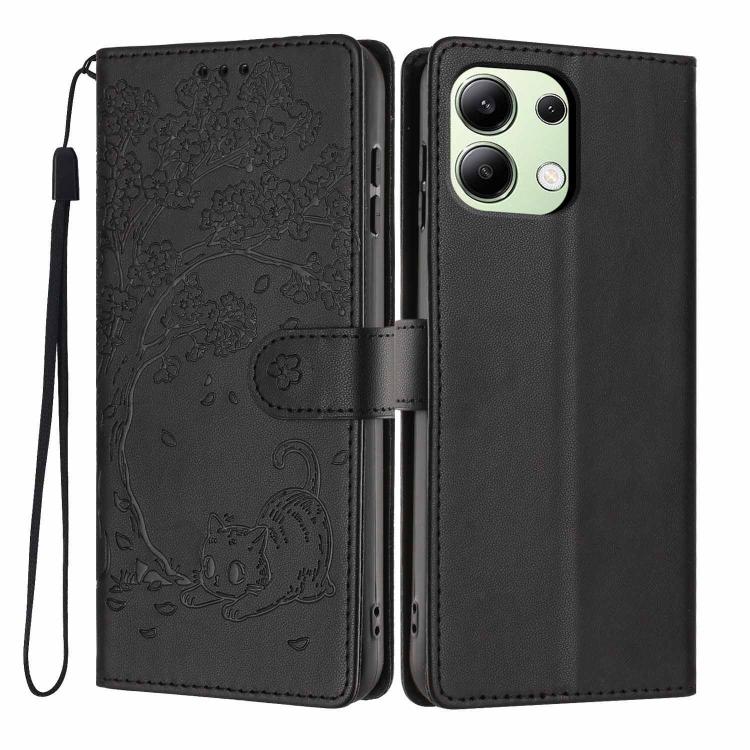 Black flip vegan leather phone case with embossed tree cat and wrist strap.