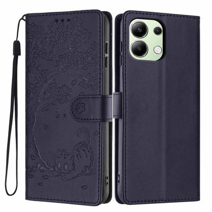 Dark purple flip vegan leather phone case with embossed tree cat and wrist strap.