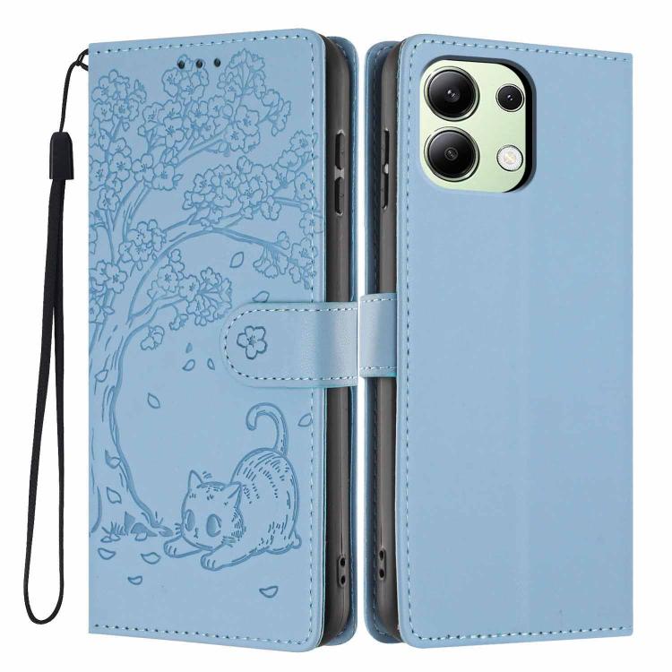 Light blue flip vegan leather phone case with embossed tree cat and wrist strap.