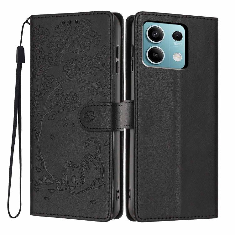 Black embossed flip vegan leather phone case with cat motif and wrist strap