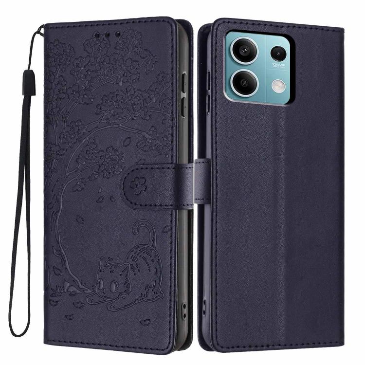 Dark blue embossed flip vegan leather phone case with cat motif and wrist strap
