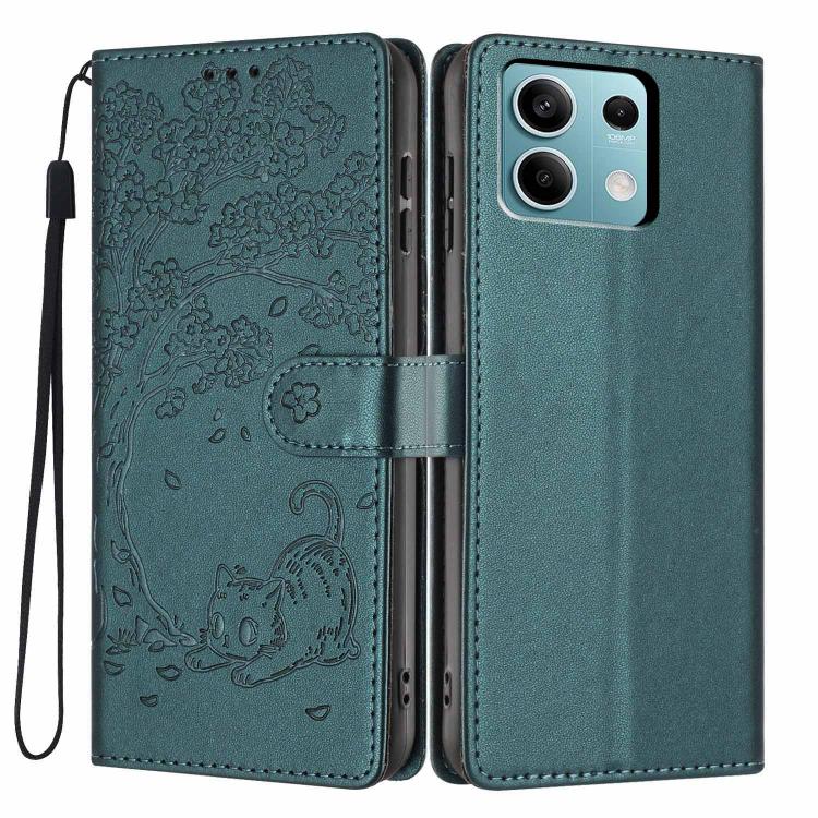 Deep green embossed flip vegan leather phone case with cat motif and wrist strap