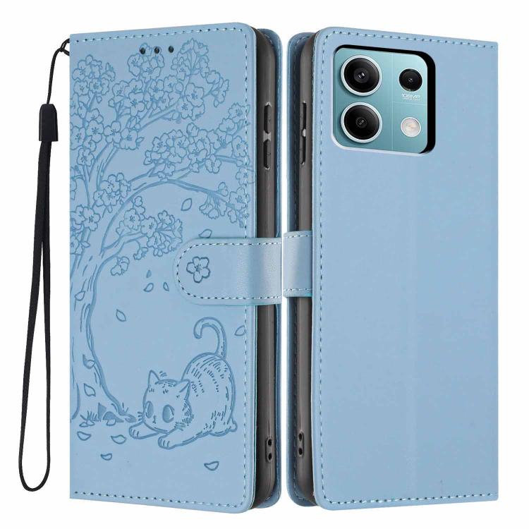 Sky blue embossed flip vegan leather phone case with cat motif and wrist strap