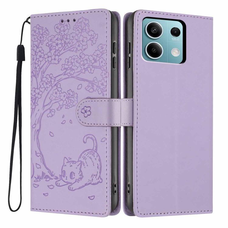 Purple embossed flip vegan leather phone case with cat motif and wrist strap