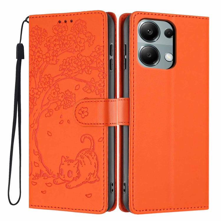 Tree cat embossed flip vegan leather phone case with wrist strap, orange