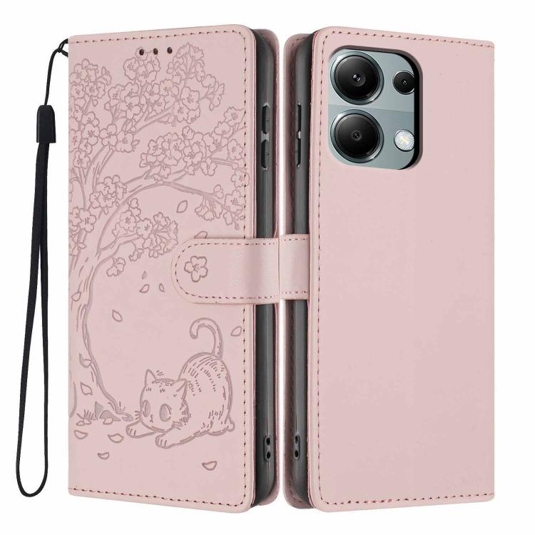 Tree cat embossed flip vegan leather phone case with wrist strap, rose pink