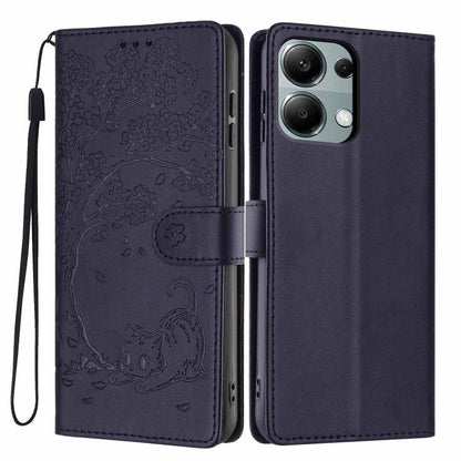 Tree cat embossed flip vegan leather phone case with wrist strap, dark navy
