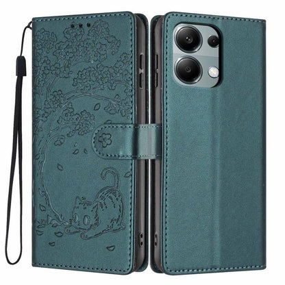 Tree cat embossed flip vegan leather phone case with wrist strap, deep teal