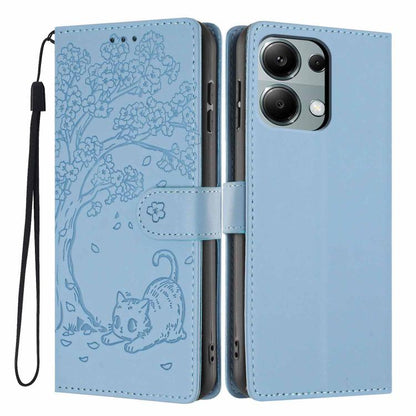 Tree cat embossed flip vegan leather phone case with wrist strap, light blue